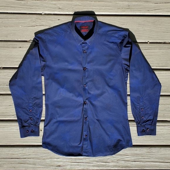 JARED LANG After Dark indigo star pattern tone on tone mens long sleeve shirt. - Picture 1 of 6